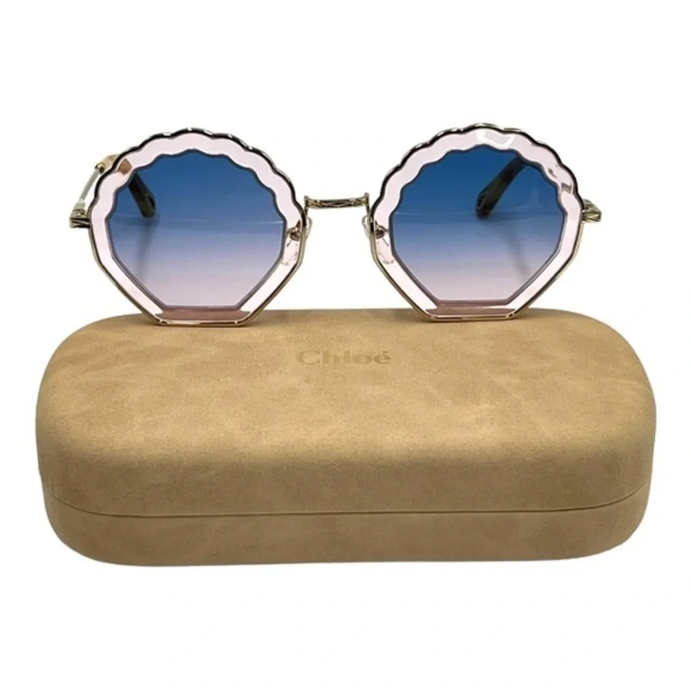 RARE Chloe Tally 56mm Scalloped Sunglasses Gold Pink Gradient Blue NWT